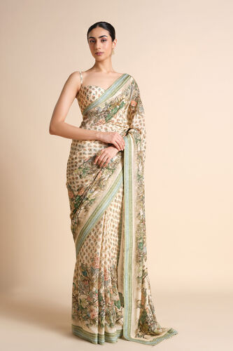 Liana Printed Silk Saree - Ivory, Ivory, image 1